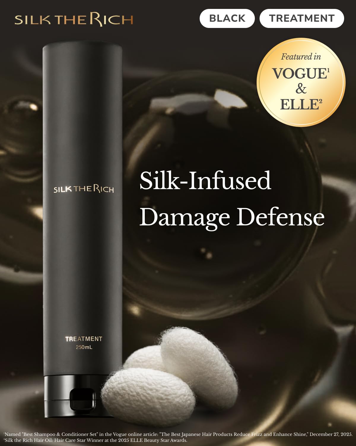 SILK THE RICH Treatment Conditioner, Moisturizing & Repairing Hair Conditioner for Women & Men, For Color-Treated Hair & Dry, Itchy Scalp, Sulfate-Free, Paraben-Free, Black (8.5 fl oz, 250 ml)