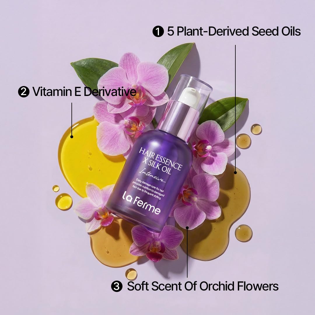 laferme Hair Essence X Silk Oil | Lightweight Non-Sticky Oil for Damaged Hair Frizz Control Treatment Shine & Smoothness for Curly & Dry Hair Orchid Floral Scent 1.85 Fl Oz