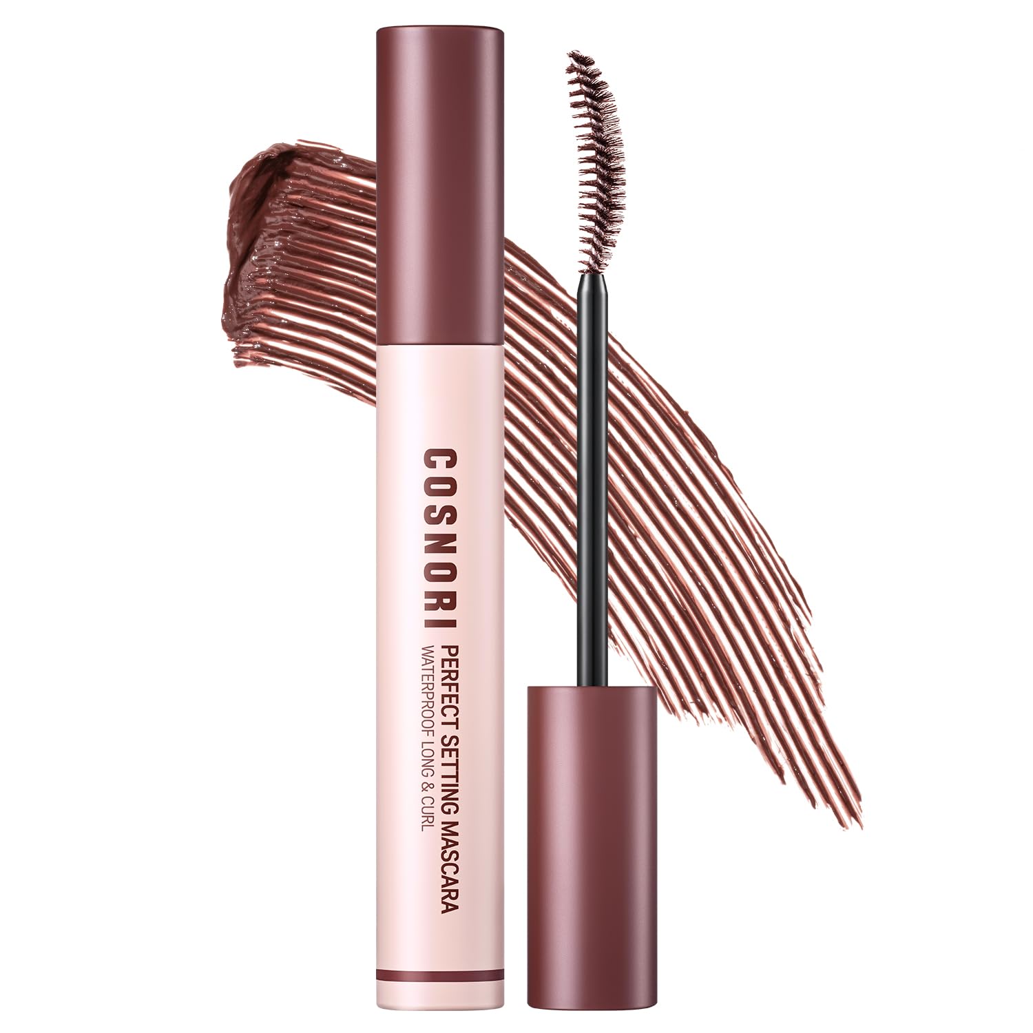 COSNORI Perfect Setting Waterproof Mascara Long&Curl 02 Cozy Brown – Natural Defined Lashes with Long-Lasting Curl Hold, Brown Mascara, Soft Definition for Blue & Green Eyes, 0.23fl oz
