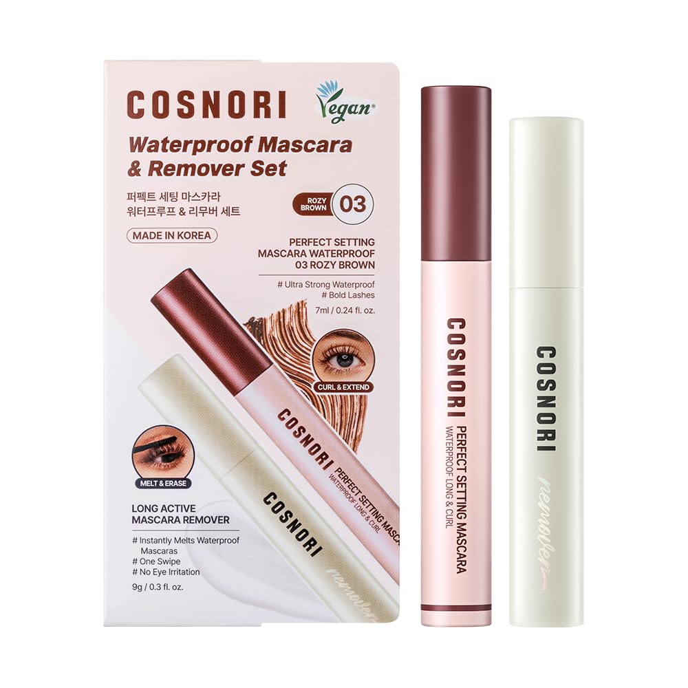 COSNORI Perfect Setting Waterproof Mascara Long&Curl 02 Cozy Brown – Natural Defined Lashes with Long-Lasting Curl Hold, Brown Mascara, Soft Definition for Blue & Green Eyes, 0.23fl oz
