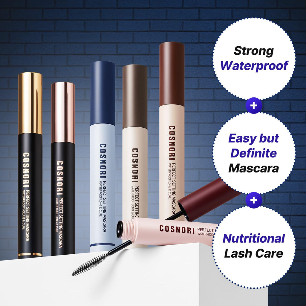 COSNORI Perfect Setting Waterproof Mascara Long&Curl 02 Cozy Brown – Natural Defined Lashes with Long-Lasting Curl Hold, Brown Mascara, Soft Definition for Blue & Green Eyes, 0.23fl oz