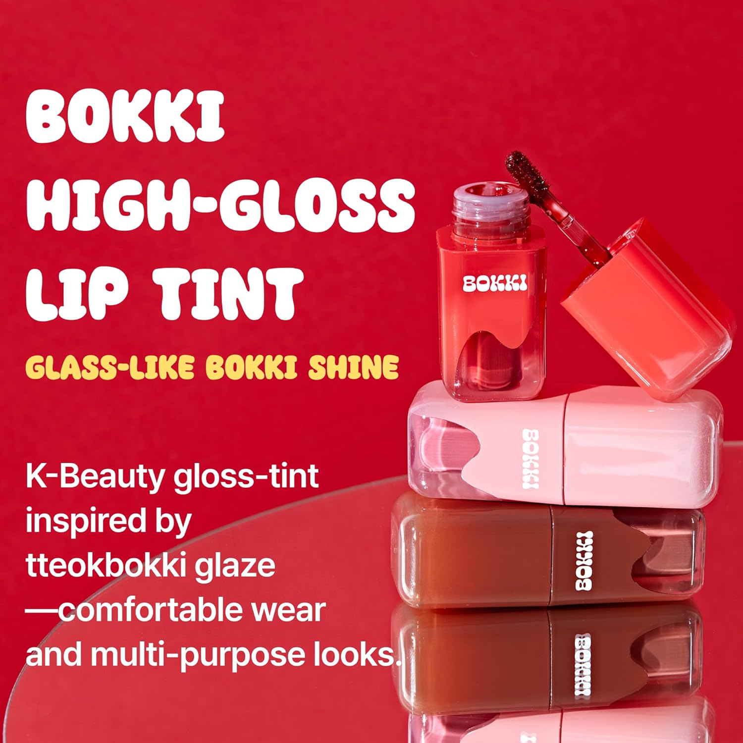BLACK ROUGE Glow Bokki Tint, GB01 Pepper Red – Korean Lip Tint Inspired by Tteokbokki, Non-Sticky Long-Lasting Lip Stain with Glossy Finish, Cute Stickers – Original Red, Rose, Soy