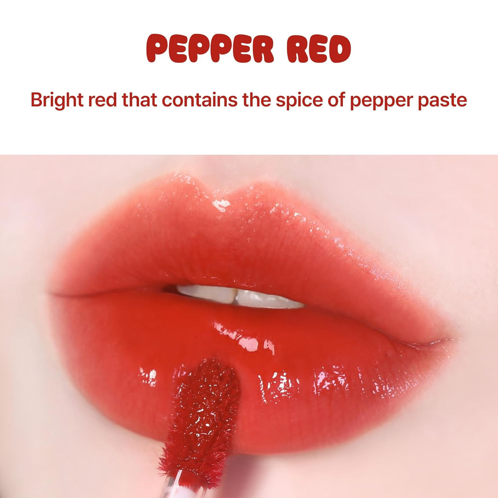 BLACK ROUGE Glow Bokki Tint, GB01 Pepper Red – Korean Lip Tint Inspired by Tteokbokki, Non-Sticky Long-Lasting Lip Stain with Glossy Finish, Cute Stickers – Original Red, Rose, Soy