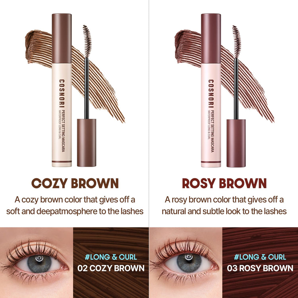 COSNORI Perfect Setting Waterproof Mascara Long&Curl 02 Cozy Brown – Natural Defined Lashes with Long-Lasting Curl Hold, Brown Mascara, Soft Definition for Blue & Green Eyes, 0.23fl oz