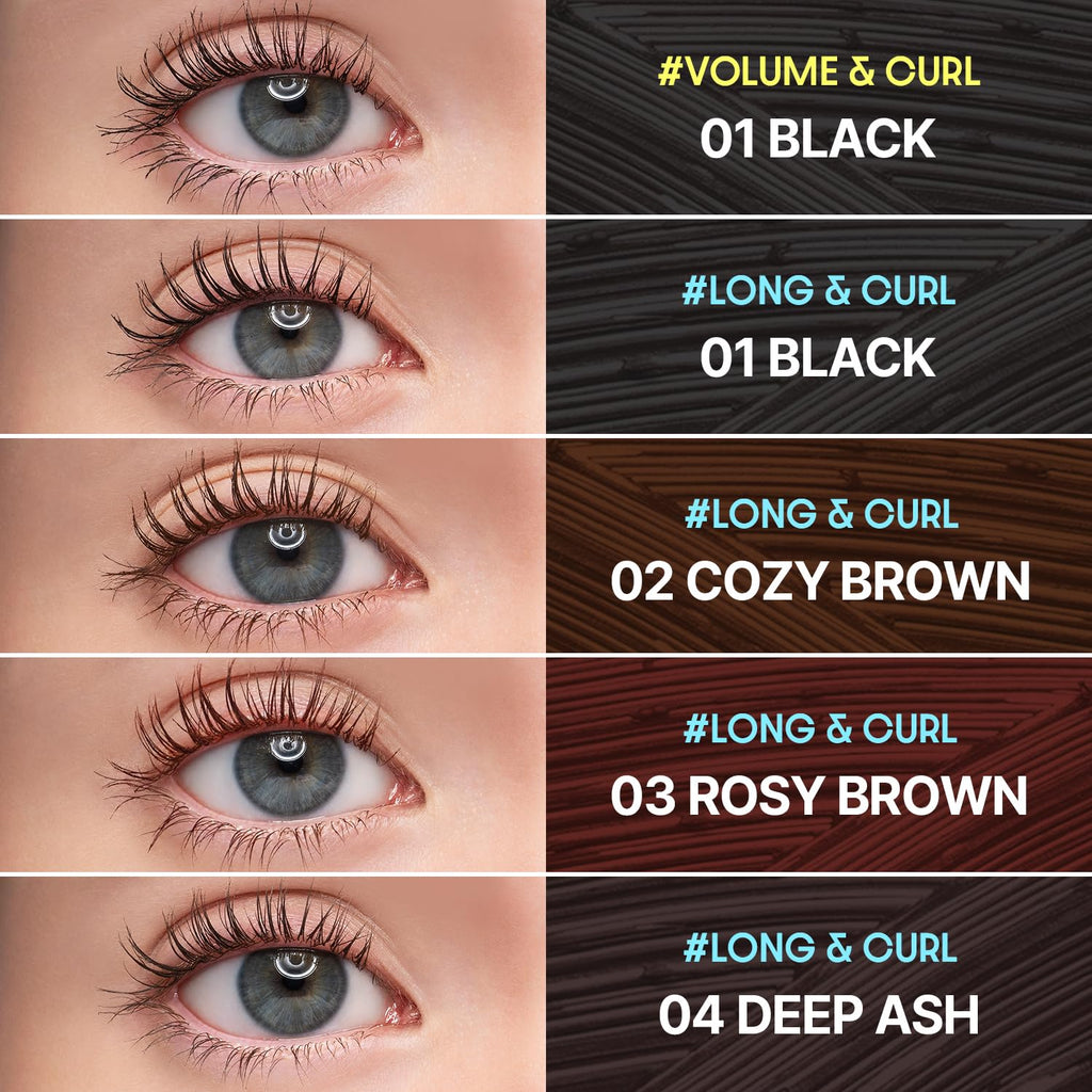 COSNORI Perfect Setting Waterproof Mascara Long&Curl 02 Cozy Brown – Natural Defined Lashes with Long-Lasting Curl Hold, Brown Mascara, Soft Definition for Blue & Green Eyes, 0.23fl oz