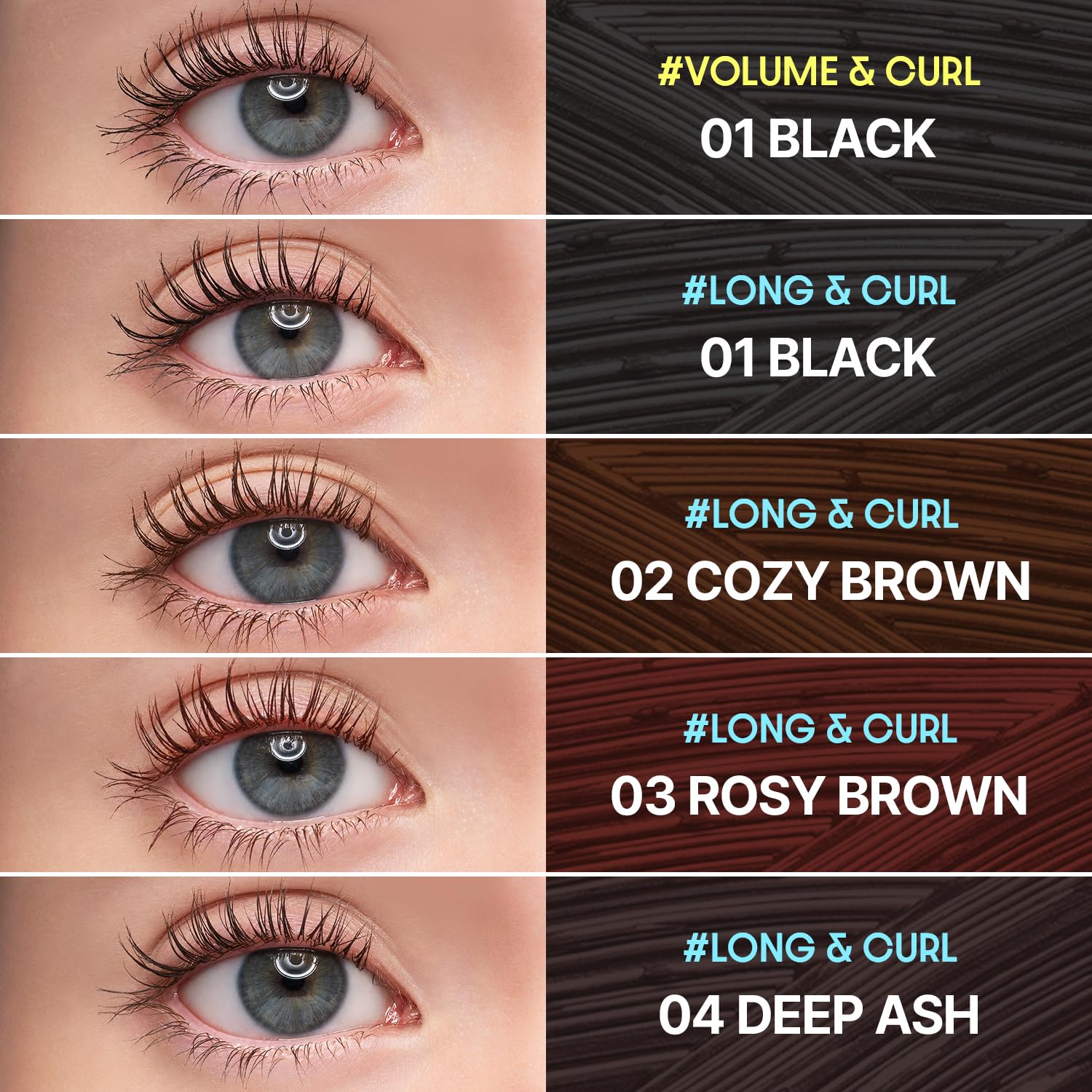 COSNORI Perfect Setting Waterproof Mascara Long&Curl 02 Cozy Brown – Natural Defined Lashes with Long-Lasting Curl Hold, Brown Mascara, Soft Definition for Blue & Green Eyes, 0.23fl oz